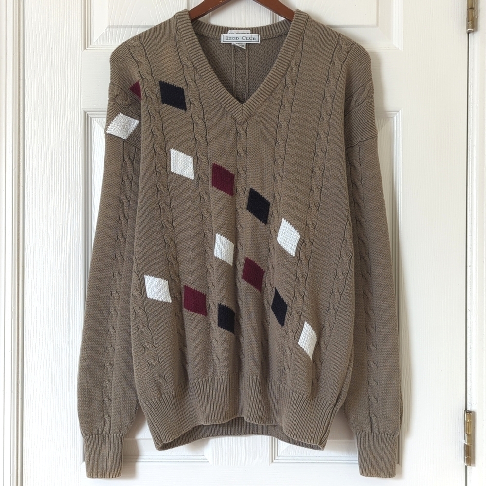 Izod Club 80's Vintage Funky Hand Embroidered Cable Knit V-neck Sweater Sage L